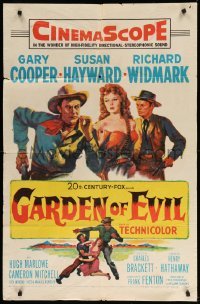 2p296 GARDEN OF EVIL 1sh '54 cool art of Gary Cooper, sexy Susan Hayward, & Richard Widmark!