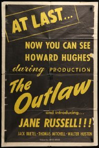 2p655 OUTLAW teaser 1sh '46 at last, now you can see Howard Hughes' daring production, rare!