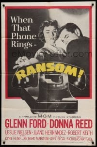 2p710 RANSOM 1sh '56 great image of Glenn Ford & Donna Reed waiting for call from kidnapper!