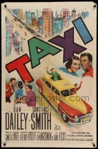 2p845 TAXI 1sh '53 artwork of Dan Dailey & Constance Smith in yellow cab in New York City!