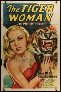 2p890 TIGER WOMAN 1sh '45 Adele Mara, who is daring, dangerous & seductive stands by tiger head!
