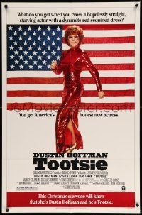2p900 TOOTSIE advance 1sh '82 great full-length image of Dustin Hoffman in drag by American flag!