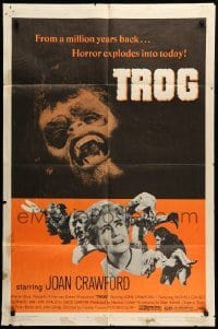 2p913 TROG 1sh '70 Joan Crawford & prehistoric monsters, wacky horror explodes into today!