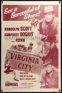 2p946 VIRGINIA CITY 1sh R56 Errol Flynn, Hopkins, top billed Randolph Scott & Humphrey Bogart!