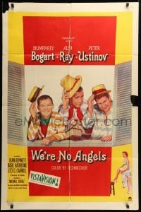 2p956 WE'RE NO ANGELS 1sh '55 art of Humphrey Bogart, Aldo Ray & Peter Ustinov tipping hats!