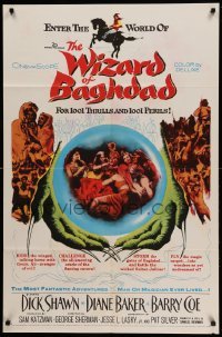 2p977 WIZARD OF BAGHDAD 1sh '60 great image of Dick Shawn in sexy Arabian harem!