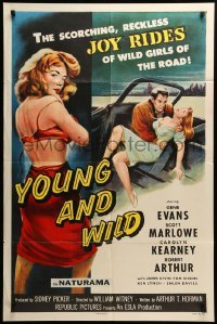2p995 YOUNG & WILD 1sh '58 artwork of the reckless joy rides of wild girls of the road!