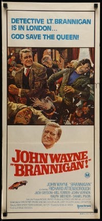 2r813 BRANNIGAN Aust daybill '75 great Robert McGinnis art of fighting John Wayne in England!