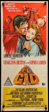 2r871 EL CID Aust daybill '62 stone litho of Charlton Heston in armor with sexy Sophia Loren!