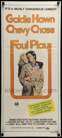 2r888 FOUL PLAY Aust daybill '78 wacky Lettick art of Goldie Hawn & Chevy Chase, screwball comedy!