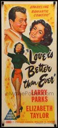 2r916 LOVE IS BETTER THAN EVER Aust daybill '52 stone litho of Larry Parks & sexy Elizabeth Taylor!