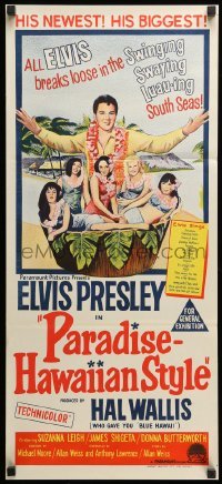 2r930 PARADISE - HAWAIIAN STYLE Aust daybill '66 stone litho of Elvis Presley& beach babes!