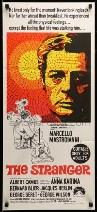 2r964 STRANGER Aust daybill '68 Luchino Visconti's Lo Straniero, cool art of Mastroianni!