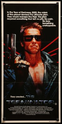 2r975 TERMINATOR Aust daybill '84 super close up of classic cyborg Arnold Schwarzenegger w/gun!