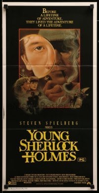 2r999 YOUNG SHERLOCK HOLMES Aust daybill '85 Steven Spielberg, Nicholas Rowe, cool detective art!