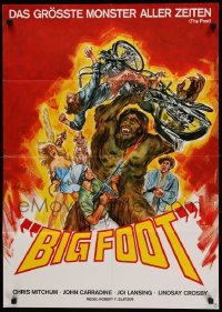 2r574 BIGFOOT German '71 wild artwork of hairy monster tossing motorcycle!