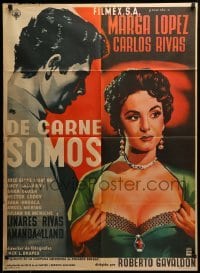 2r375 DE CARNE SOMOS Mexican poster '55 artwork of sexy Marga Lopez pulling her shirt open!