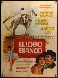 2r377 EL LOBO BLANCO Mexican poster '62 the white wolf, aart of masked man on horse by Marco!