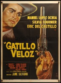 2r384 GATILLO VELOZ Mexican poster '66 Jaime Salvador western serial, great art of revolver!