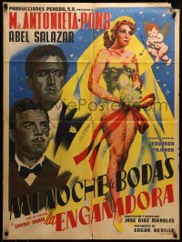 2r387 LA ENGANADORA Mexican poster '55 beautiful bride being shot by Cupid, The Deceiver!