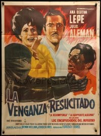 2r401 LA VENGANZA DEL RESUCITADO Mexican poster '62 wild art of masked man choking another!