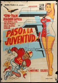 2r411 PASO A LA JUVENTUD export Mexican poster '62 artwork of football player Tin Tan German Valdes
