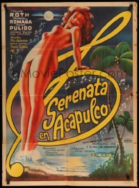 2r415 SERENATA EN ACAPULCO Mexican poster '51 wonderful Balinar art of sexy Marta Roth over beach!