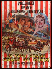 2s665 CIRCUS WORLD French 1p '64 best art of Claudia Cardinale & John Wayne by Jean Mascii!