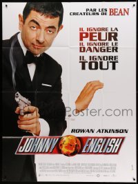 2s786 JOHNNY ENGLISH French 1p '03 wacky image of Rowan Atkinson with gun, James Bond spy spoof!
