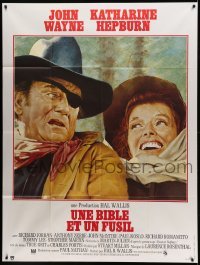 2s904 ROOSTER COGBURN French 1p '75 great art of John Wayne with eyepatch & Katharine Hepburn!