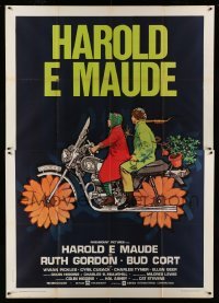 2s237 HAROLD & MAUDE Italian 2p '74 great art of Ruth Gordon & Bud Cort on flower motorcycle!