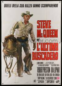 2s243 JUNIOR BONNER Italian 2p '72 Casaro art of rodeo cowboy Steve McQueen carrying saddle!