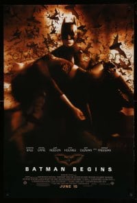 2t130 BATMAN BEGINS advance DS 1sh '05 June 15, great image of Christian Bale carrying Katie Holmes