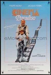 2t221 CINEMA PARADISO int'l 1sh '90 great image of Philippe Noiret & Salvatore Cascio on bike!