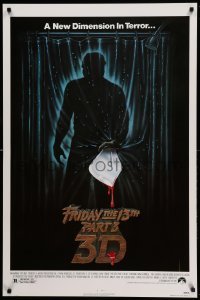 2t353 FRIDAY THE 13th PART 3 - 3D 1sh '82 slasher sequel, art of Jason stabbing through shower!