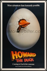 2t443 HOWARD THE DUCK teaser 1sh '86 George Lucas, great art of hatching egg with cigar in mouth!