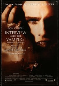 2t483 INTERVIEW WITH THE VAMPIRE 1sh '94 close up of fanged Tom Cruise, Brad Pitt, Anne Rice!