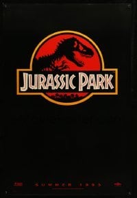 2t509 JURASSIC PARK teaser 1sh '93 Steven Spielberg, classic logo with T-Rex over red background