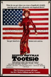 2t921 TOOTSIE advance 1sh '82 great full-length image of Dustin Hoffman in drag by American flag!