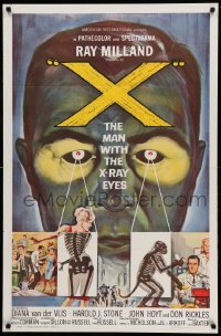 2t989 X: THE MAN WITH THE X-RAY EYES 1sh '63 Ray Milland strips souls & bodies, cool art!