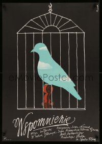 2y745 MEMORY Polish 23x33 '77 Spomen, cool Jerzy Flisak artwork of blue bird in cage!