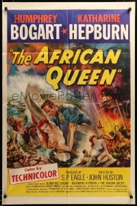 2z024 AFRICAN QUEEN 1sh '52 montage art of Humphrey Bogart & Katharine Hepburn, John Huston, rare!