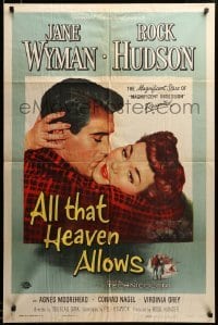 2z368 ALL THAT HEAVEN ALLOWS 1sh '55 close up romantic art of Rock Hudson kissing Jane Wyman!
