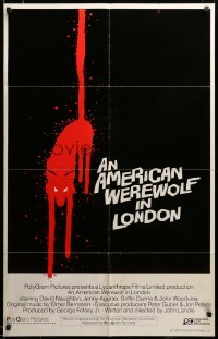 2z095 AMERICAN WEREWOLF IN LONDON int'l 25x40 1sh '81 bloody wolf over black background, very rare!