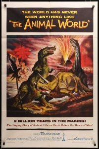 2z067 ANIMAL WORLD 1sh '56 great artwork of prehistoric dinosaurs & erupting volcano!