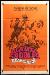 2z511 BLAZING SADDLES int'l 1sh '74 Mel Brooks western, different cast montage on orange background