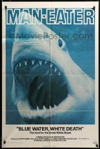 2z859 BLUE WATER, WHITE DEATH 1sh '71 cool super close image of great white shark with open mouth!