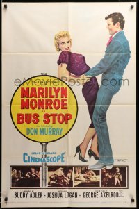 2z193 BUS STOP 1sh '56 great full-length art of Don Murray holding sexy Marilyn Monroe!