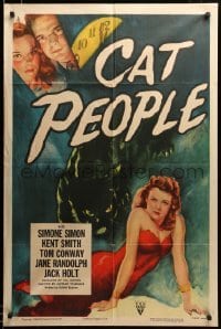 2z087 CAT PEOPLE style A 1sh R52 Val Lewton, full-length sexy Simone Simon by black panther!