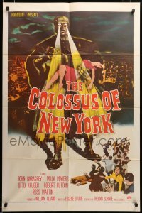 2z076 COLOSSUS OF NEW YORK 1sh '58 great art of robot monster holding sexy girl & attacking!